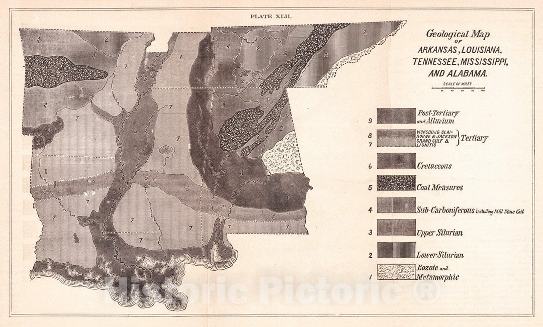 Historic Map : 1890 Geological Map of Arkansas, Louisiana, Tennessee, Mississippi and Alabama : Vintage Wall Art