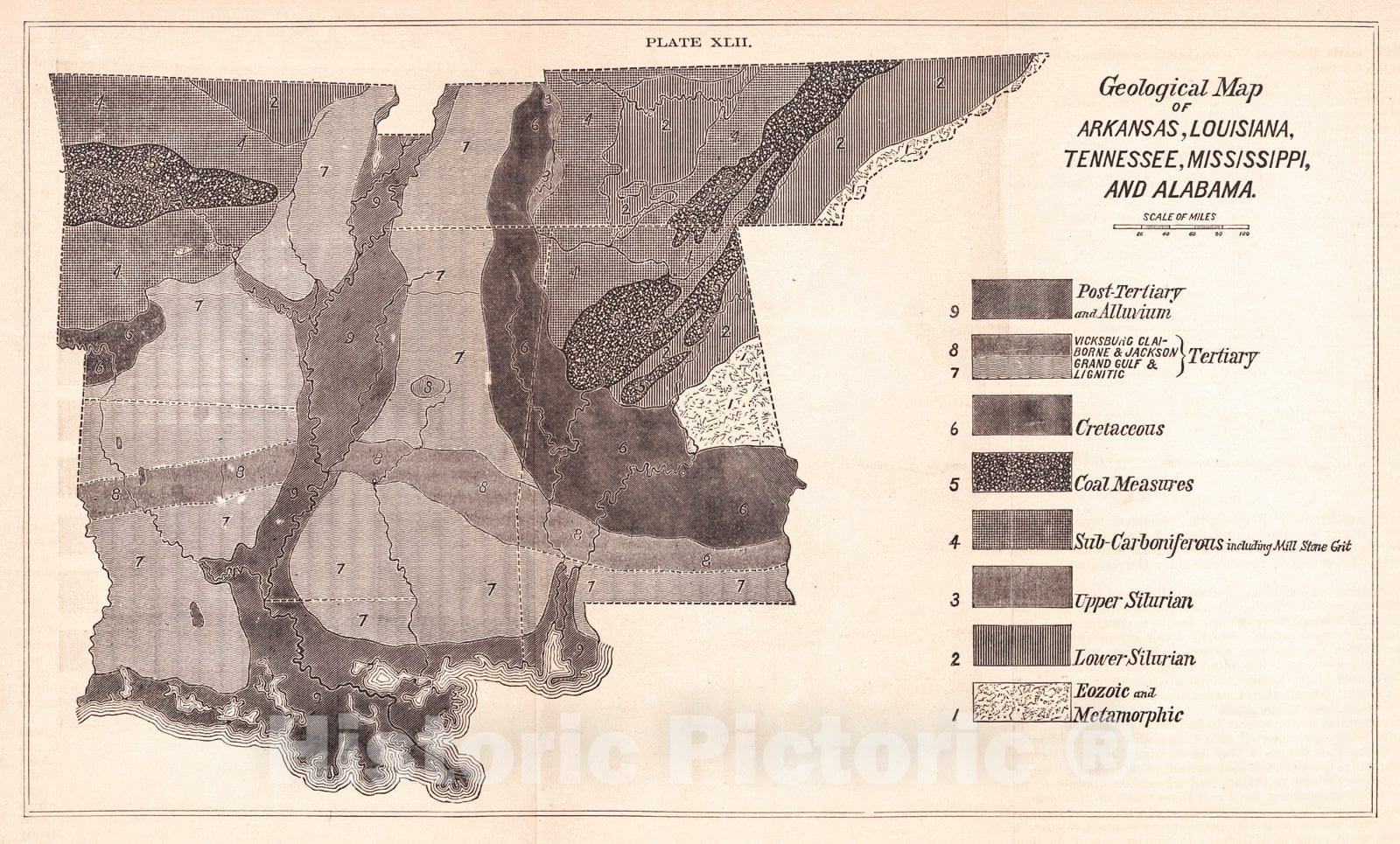 Historic Map : 1890 Geological Map of Arkansas, Louisiana, Tennessee, Mississippi and Alabama : Vintage Wall Art