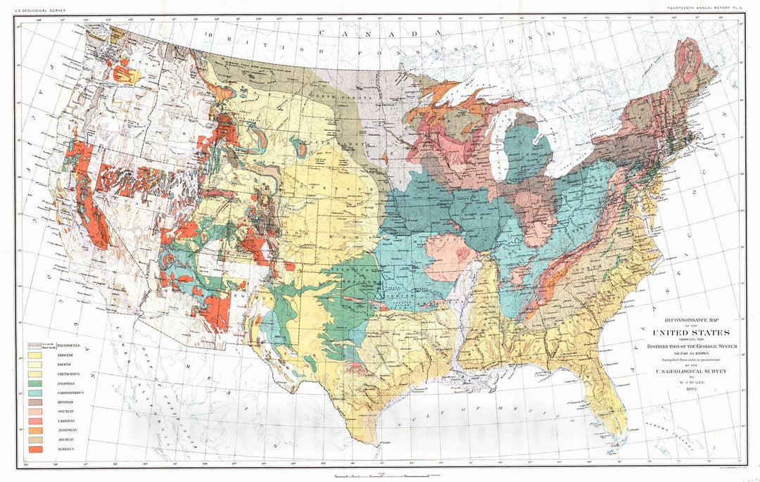 Historic Map : 1893 Reconnaissance Map of the United States Showing the Distribution of the Geological System so far as known  : Vintage Wall Art