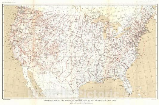 Historic Map : 1896 Distribution of the Magnetic Declination in the United States in 1900 : Vintage Wall Art