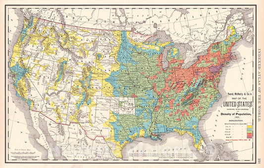 Historic Map : 1898 Map of the United States Showing in Six Degrees of Density of Population, 1890 : Vintage Wall Art