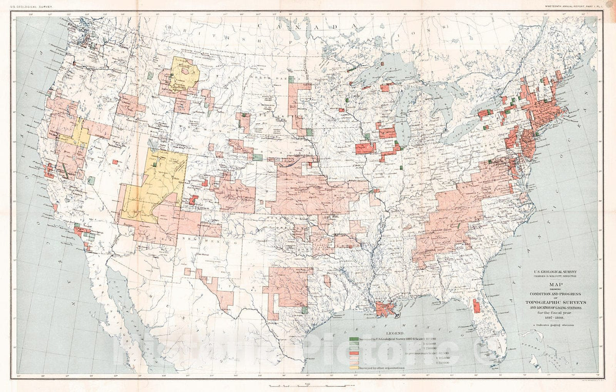 Historic Map : 1898 Map Showing the Condition and Progress of Topographic Survey and Location of Gaging Stations : Vintage Wall Art