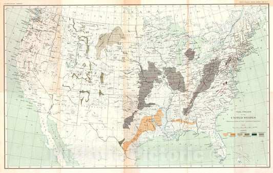 Historic Map : 1901 Coal Fields of the United States showing areas of coal bearingn formations : Vintage Wall Art