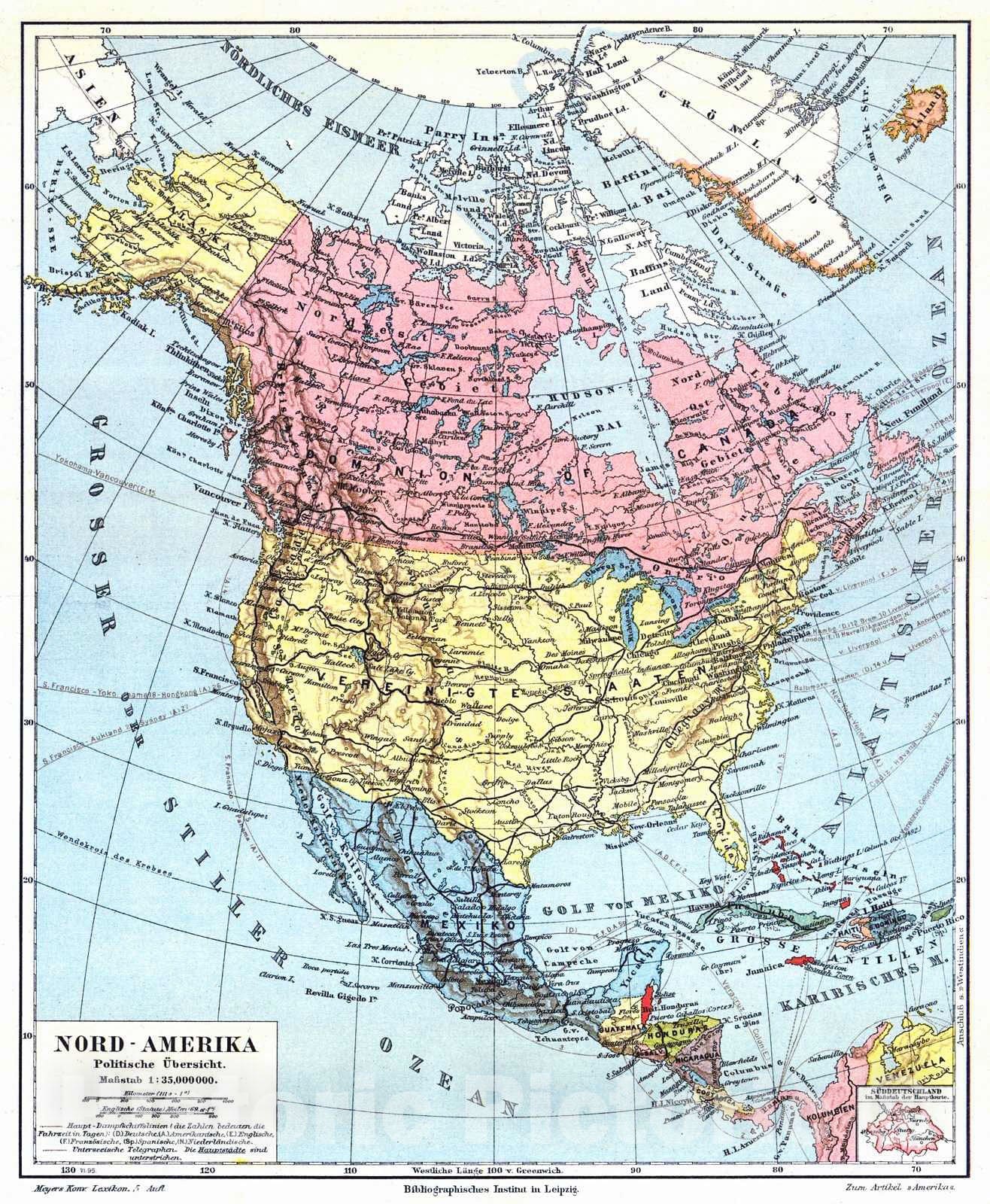 Historic Map : 1906 Nord-Amerika Politische &Uuml;bersicht : Vintage Wall Art