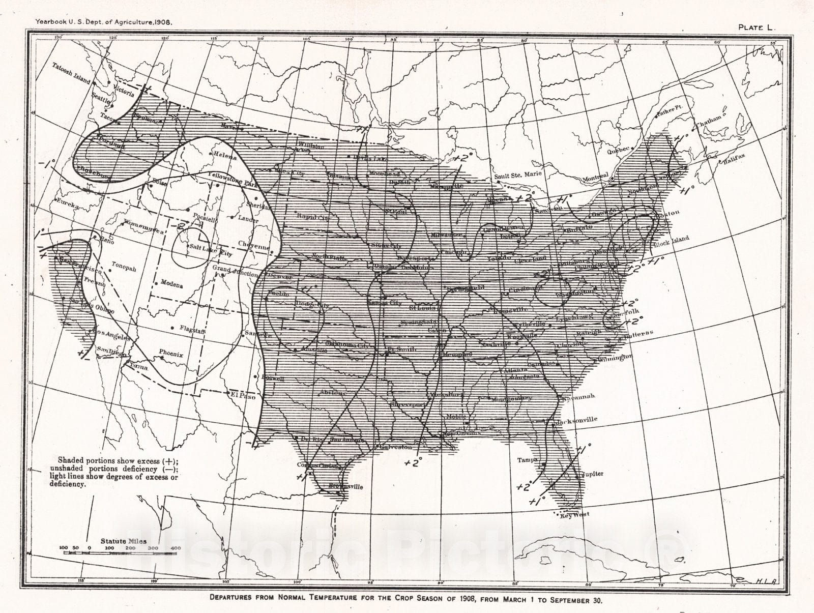 Historic Map : 1908 Departures from Normal Temperature for the Crop Season of 1908, from March 1 to September 30 : Vintage Wall Art