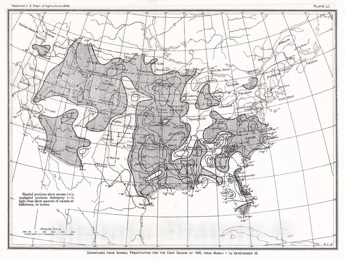 Historic Map : 1908 Departures from Normal Precipitation for the Crop Season of 1908, from March 1 to September 30 : Vintage Wall Art