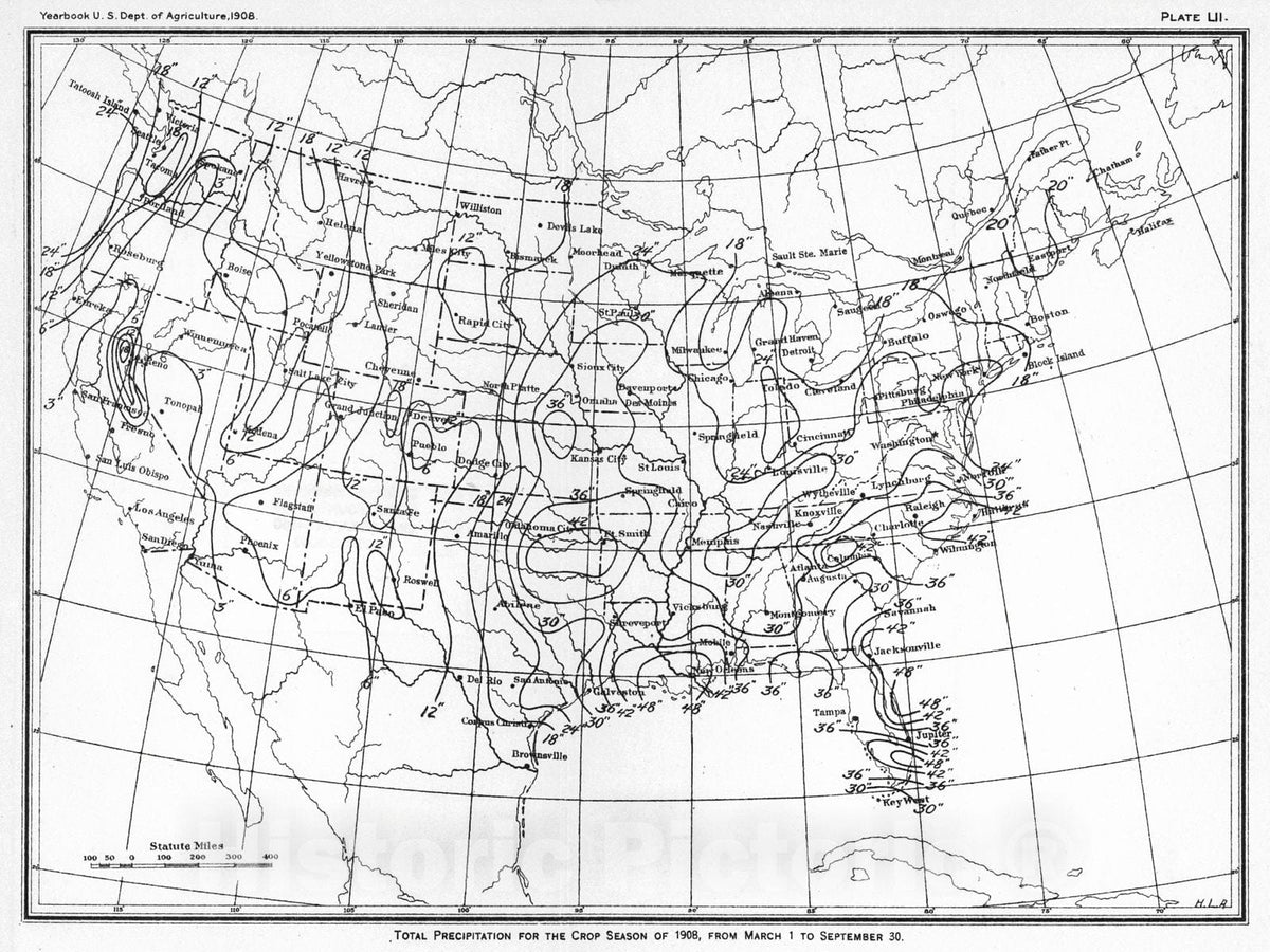 Historic Map : 1908 Total Precipitation for the Crop Season of 1908, from March 1 to September 30 : Vintage Wall Art