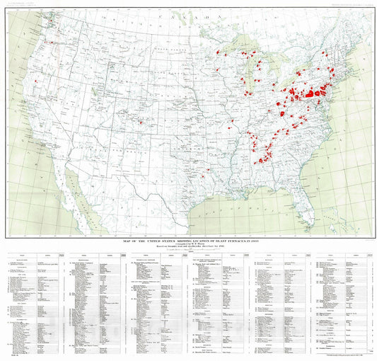 Historic Map : 1909 Map of the United States showing locations of blast furnaces in 1908 : Vintage Wall Art