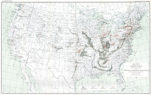 Historic Map : 1911 Map showing distribution of cement plants in the United States and principal limestone formations : Vintage Wall Art