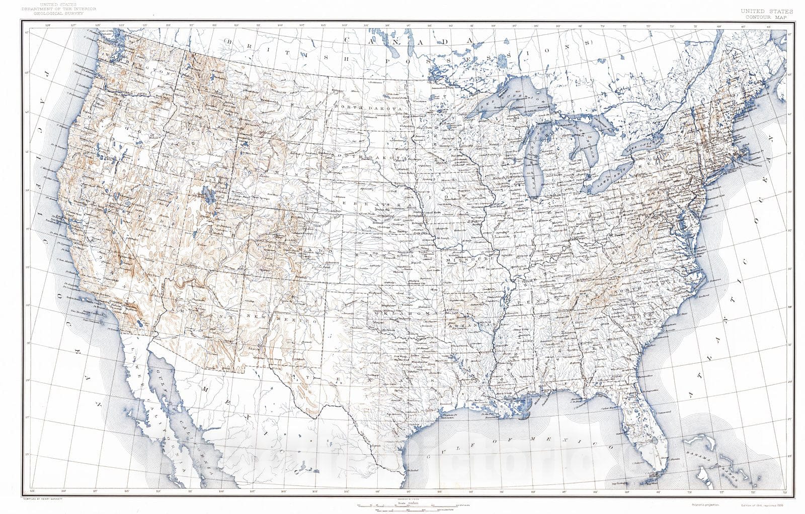 Historic Map : 1916 United States Contour Map : Vintage Wall Art