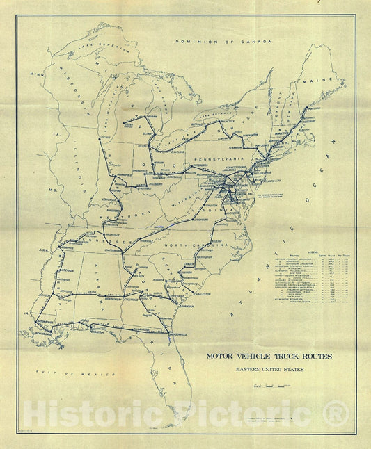 Historic Map : 1918 Motor Vehicle Truck Routes; Eastern United States : Vintage Wall Art