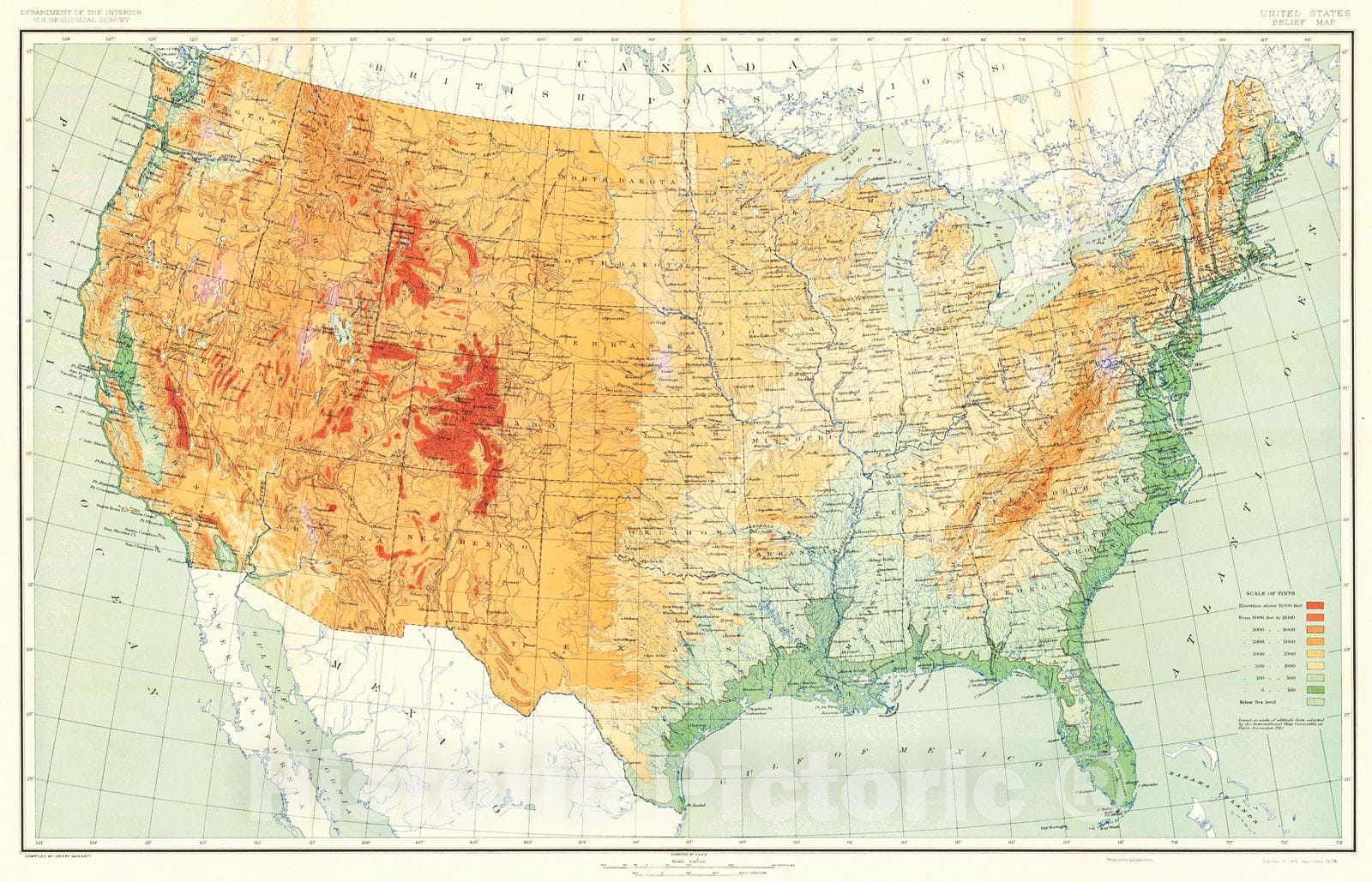 Historic Map : 1929 United States Relief Map : Vintage Wall Art