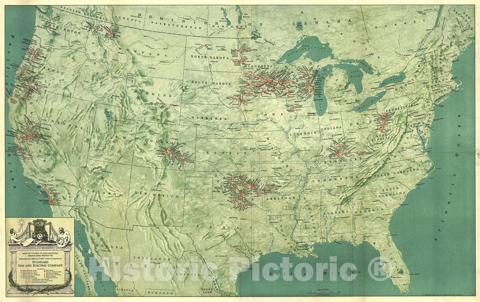 Historic Map : 1930 Map of the United States Showing Territories served by Operated and Affiliated Public Utility Companies of Standard Gas and Electric Company : Vintage Wall Art