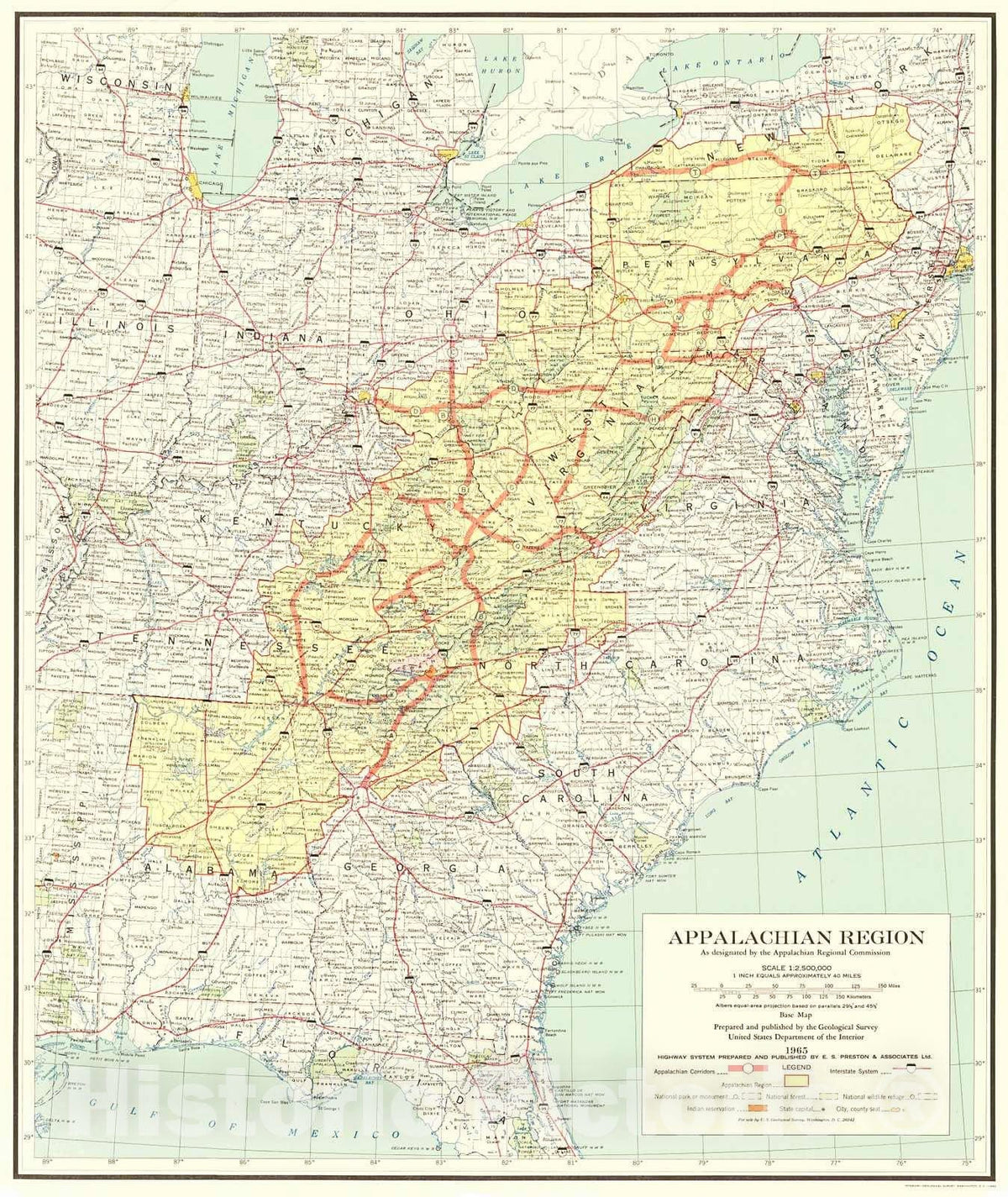 Historic Map : 1965 Appalachain Region : Vintage Wall Art