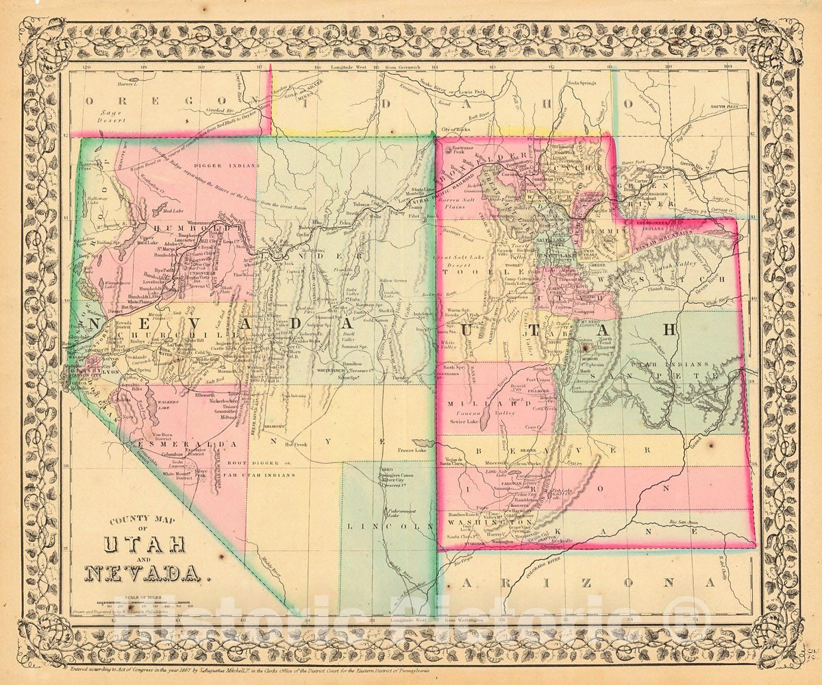Historic Map : 1864 County Map of Utah and Nevada : Vintage Wall Art