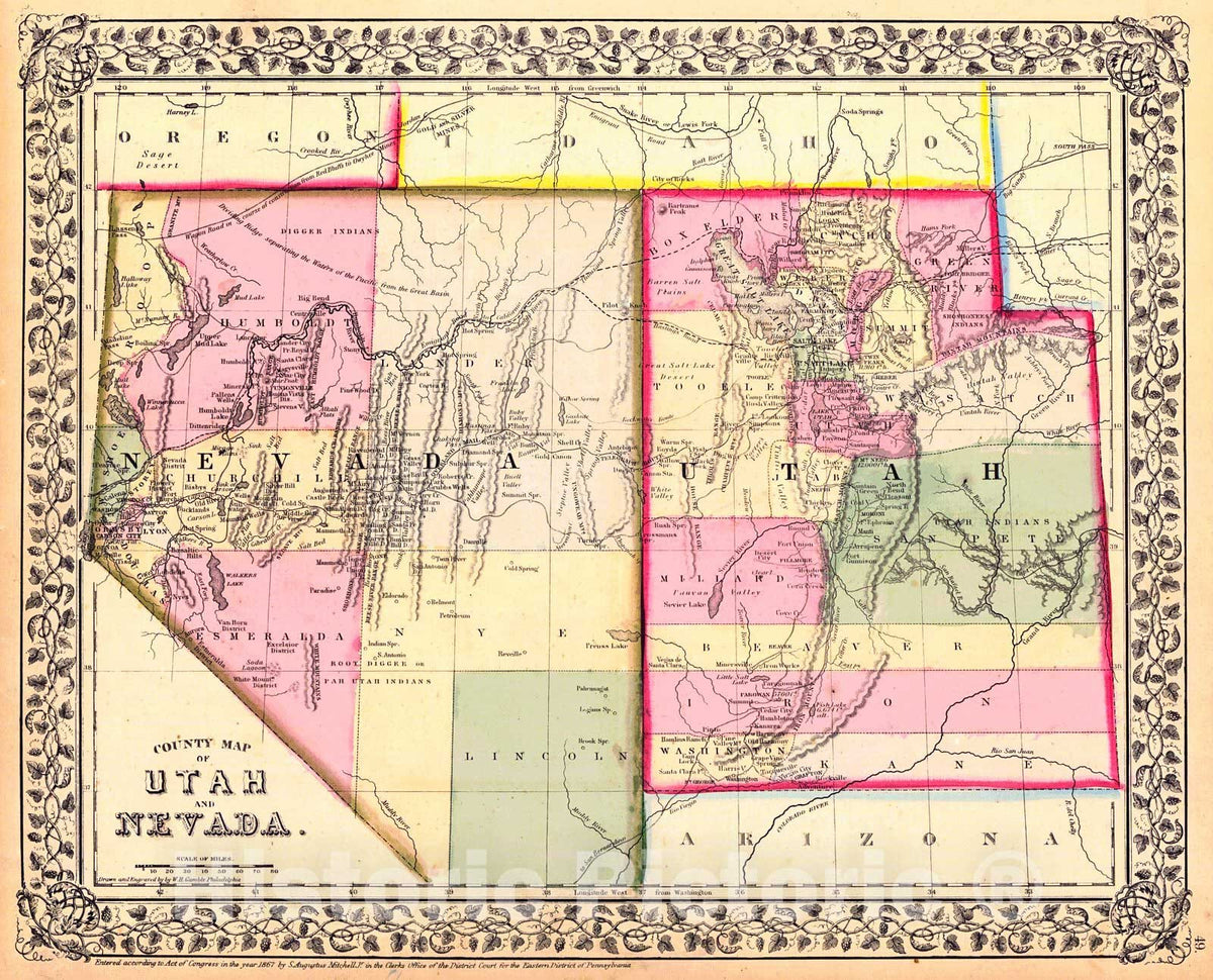 Historic Map : 1868 County Map of Utah and Nevada : Vintage Wall Art