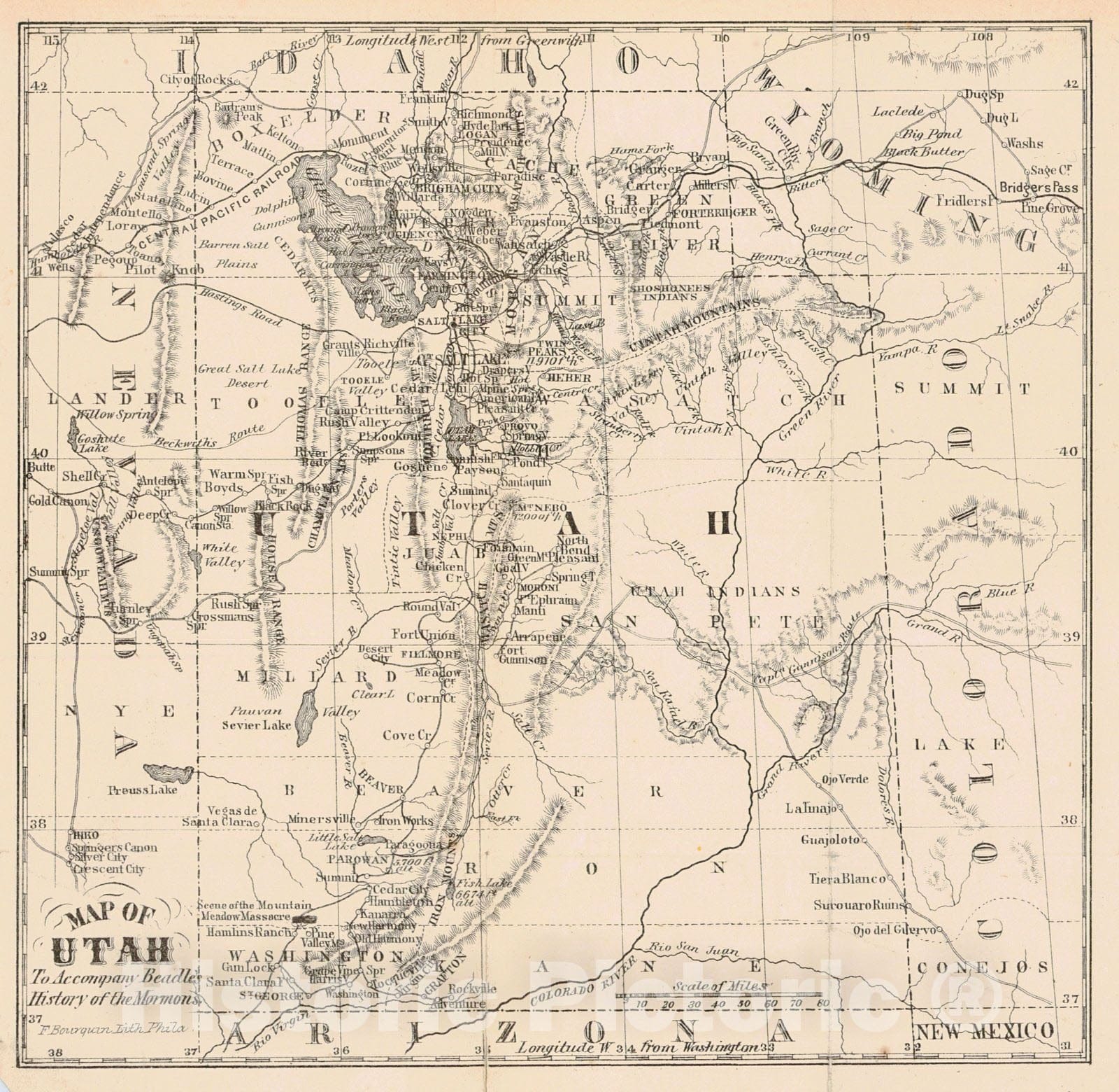 Historic Map : 1870 Map of Utah to Accompany Beadle's History of the Mormans : Vintage Wall Art