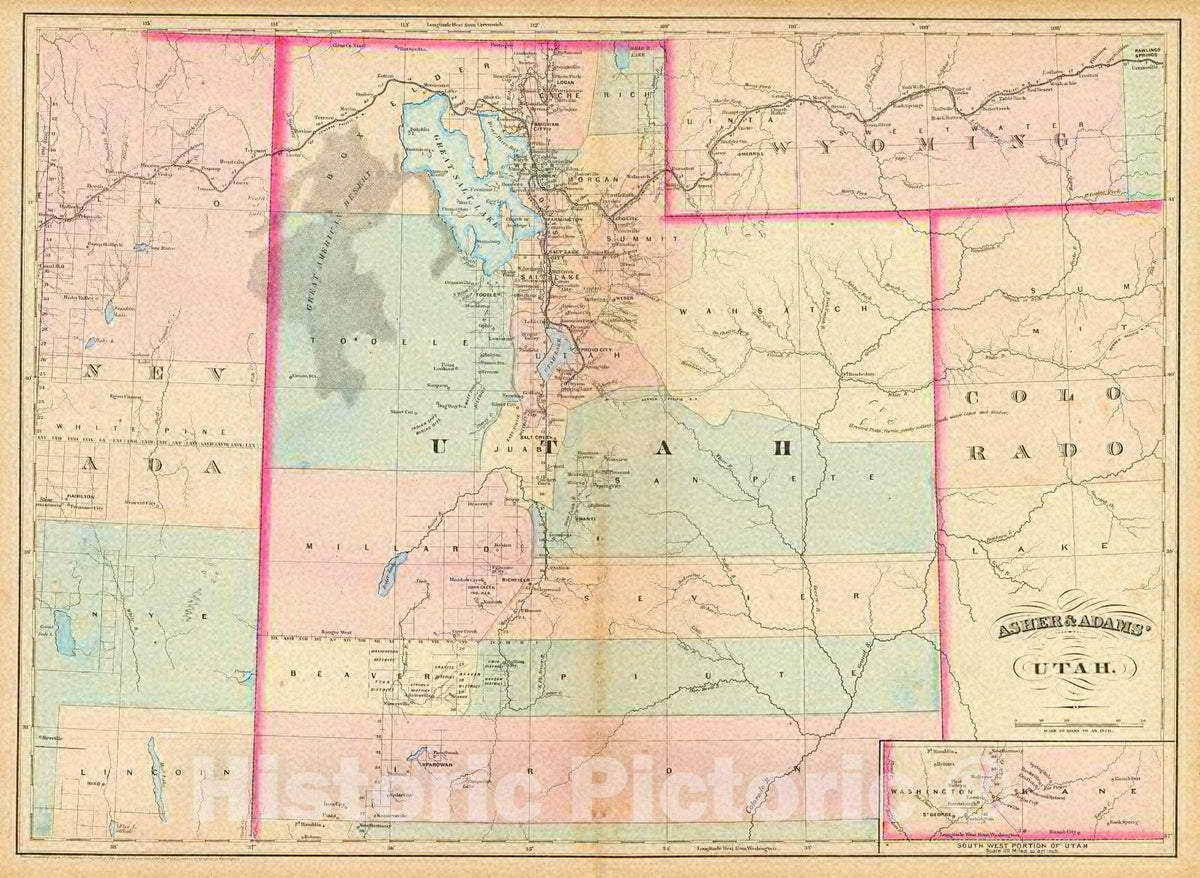 Historic Map : 1873 Asher & Adams' Utah : Vintage Wall Art