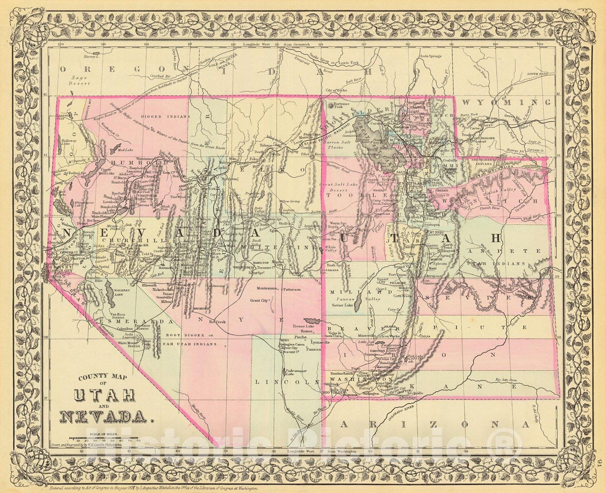 Historic Map : 1879 County Map of Utah and Nevada : Vintage Wall Art