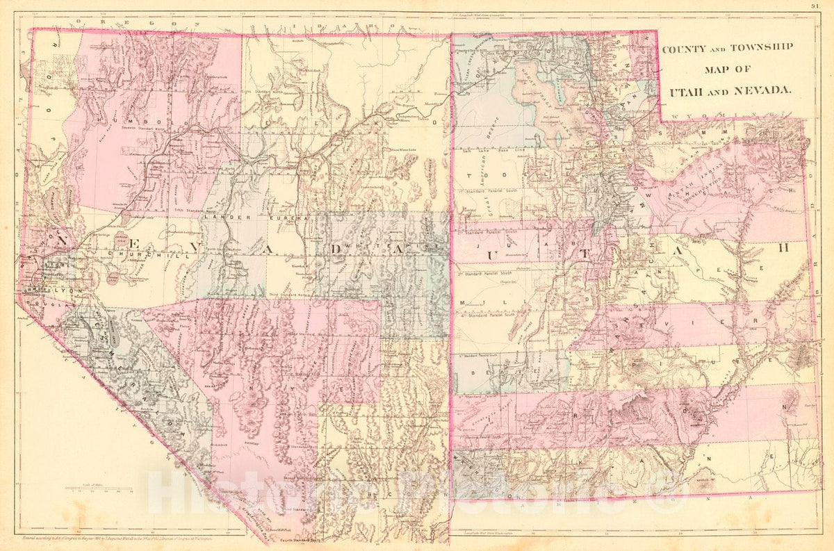Historic Map : 1880 County and Township Map of Utah and Nevada : Vintage Wall Art