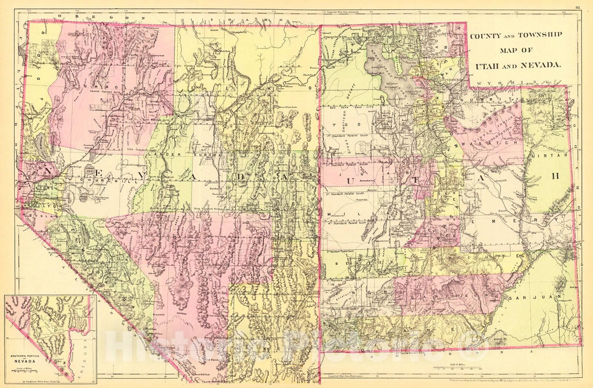 Historic Map : 1881 County and Township Map of Utah and Nevada : Vintage Wall Art