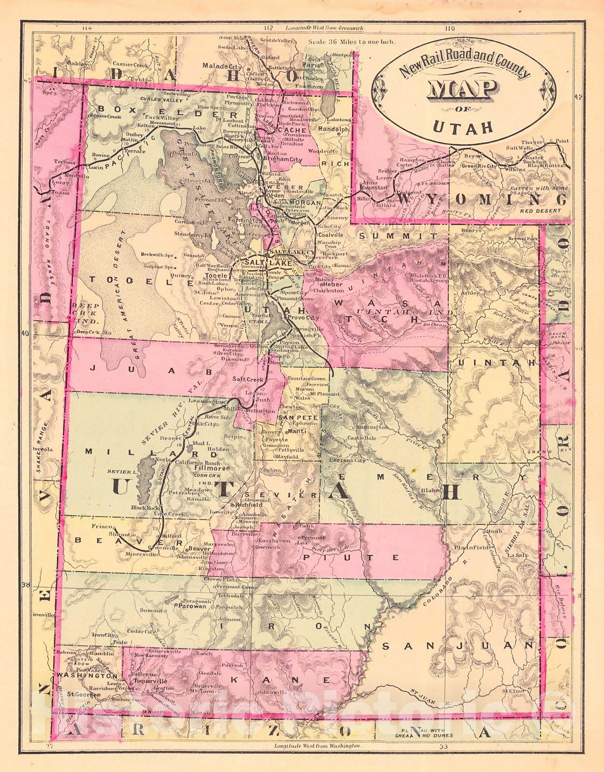 Historic Map : 1883 New Railroad and County Map of Utah  : Vintage Wall Art