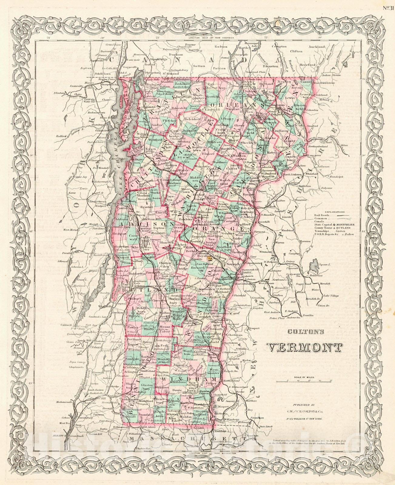 Historic Map : 1855 Colton's Vermont : Vintage Wall Art
