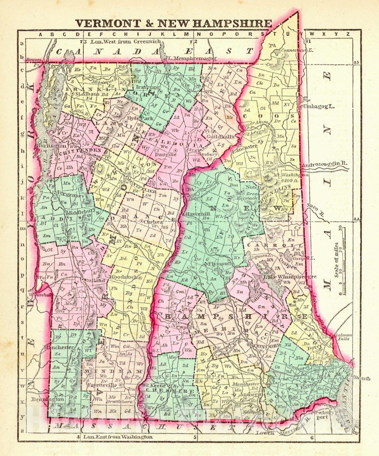 Historic Map : 1857 Vermont and New Hampshire : Vintage Wall Art