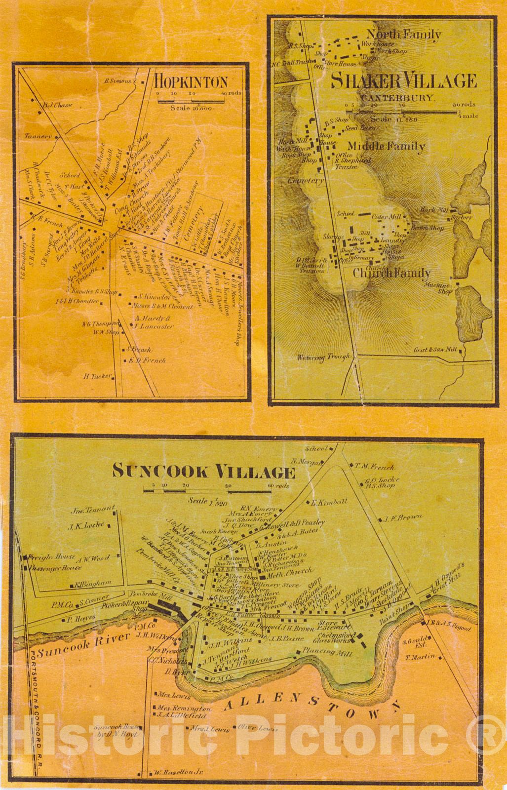 Historic Map : 1860 Hopkinton, Shaker Village, Canterbury, and Suncook Village : Vintage Wall Art