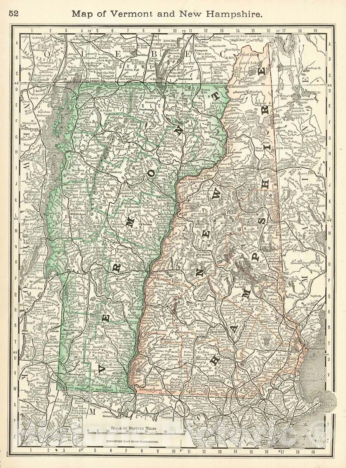 Historic Map : 1883 Map of Vermont and New Hampshire : Vintage Wall Art
