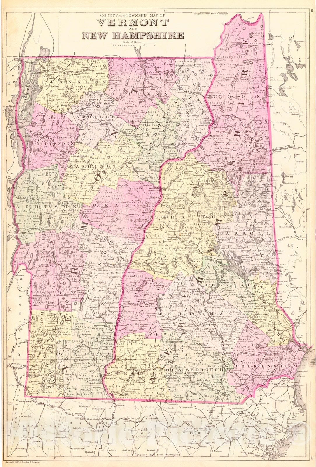 Historic Map : 1884 County and Township Map of Vermont and New Hampshire : Vintage Wall Art