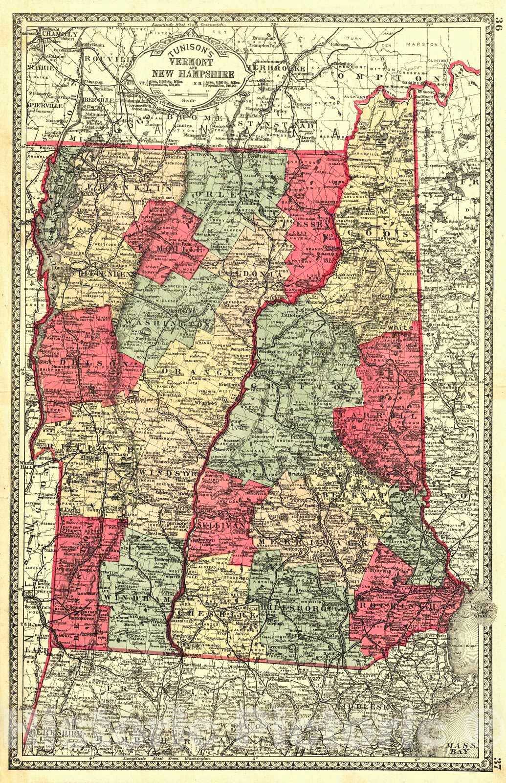 Historic Map : 1885 Vermont and New Hampshire : Vintage Wall Art