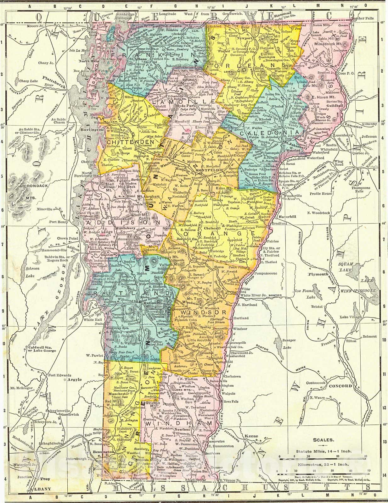 Historic Map : 1898 Rand McNally and Co.'s New Map of Vermont : Vintage Wall Art