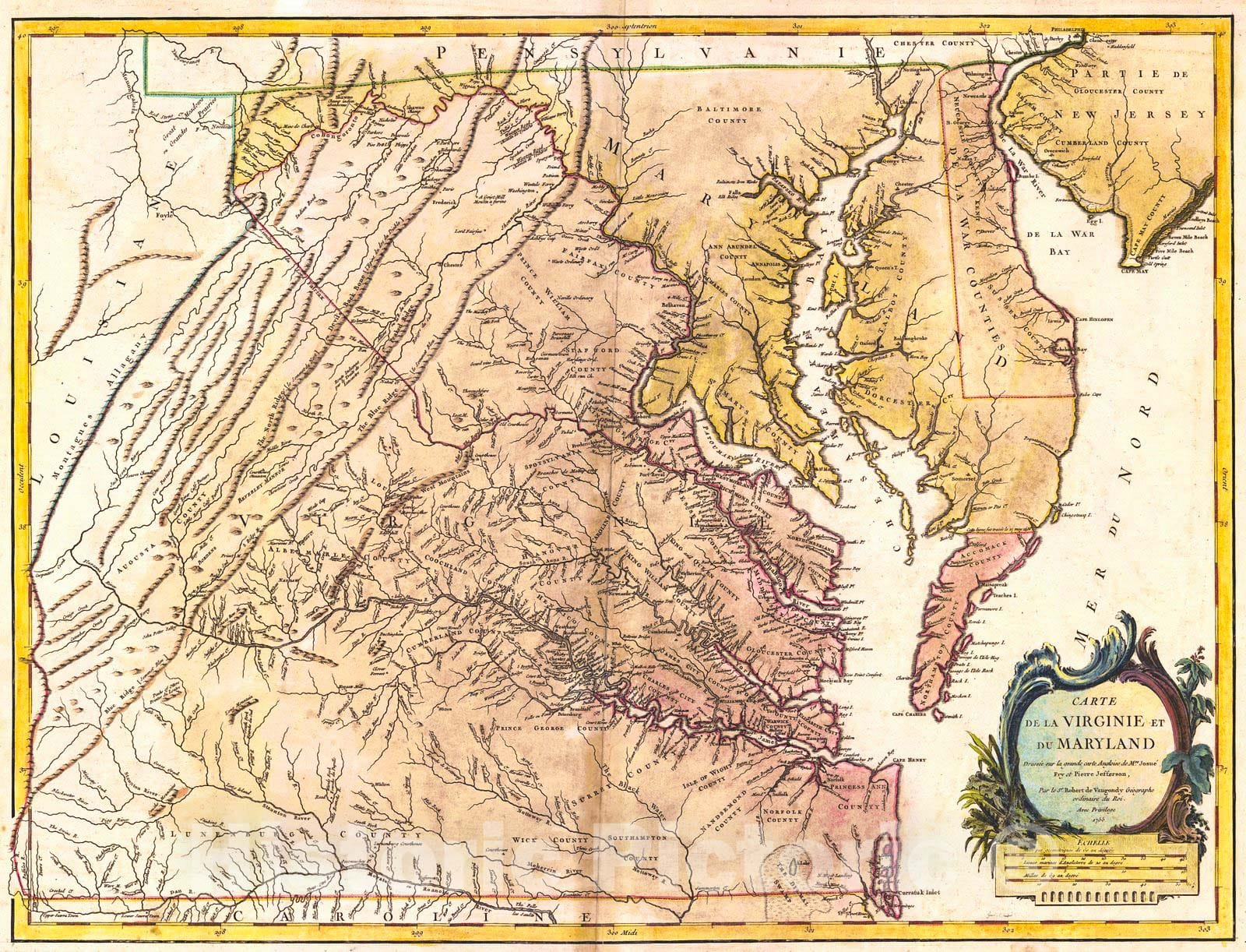 Historic Map : 1755 Carte de la Virginie et du Maryland : Vintage Wall Art