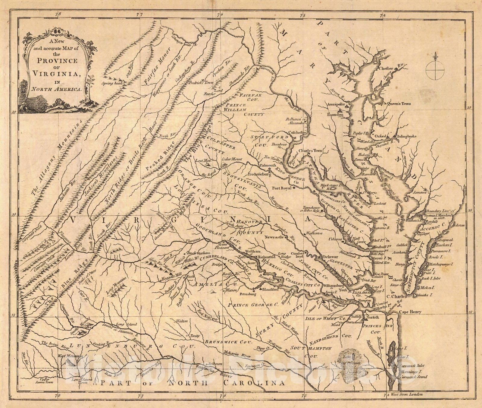 Historic Map : 1779 A New and Accurate Map of the Province of Virginia in North America : Vintage Wall Art