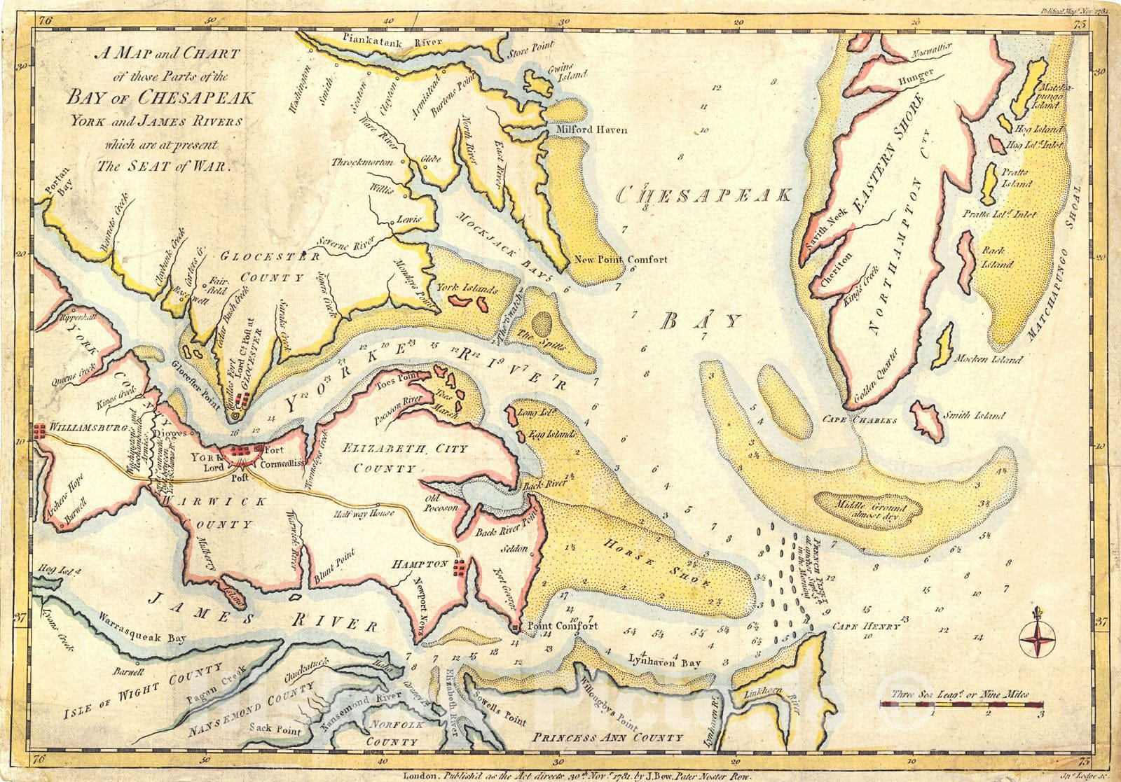 Historic Map : 1781 A Map and Chart of those parts of the Bay of Chesapeak, York and James Rivers which are at present The Seat of War : Vintage Wall Art
