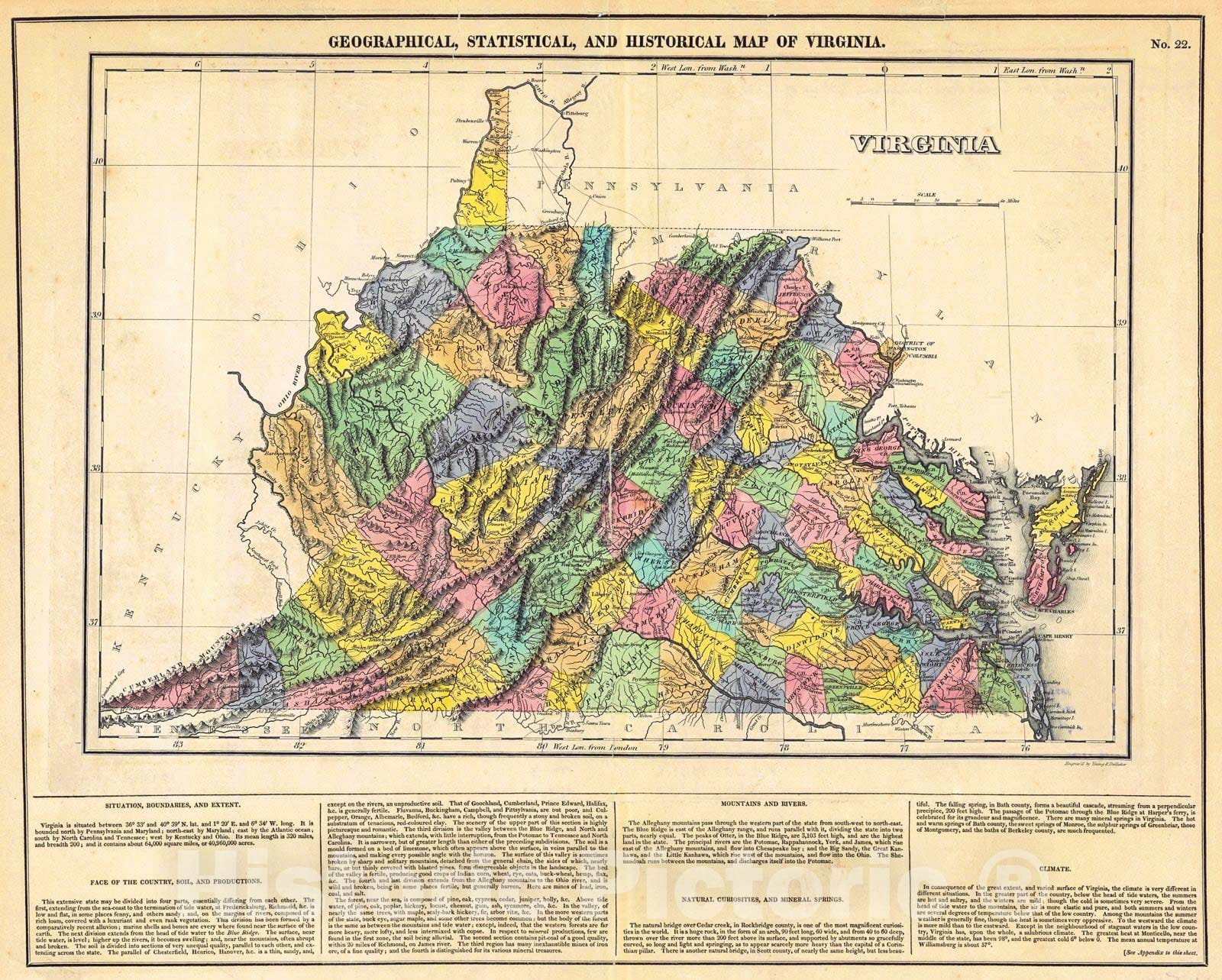 Historic Map : 1822 Geographical, Statistical, and Historical Map of Virginia : Vintage Wall Art