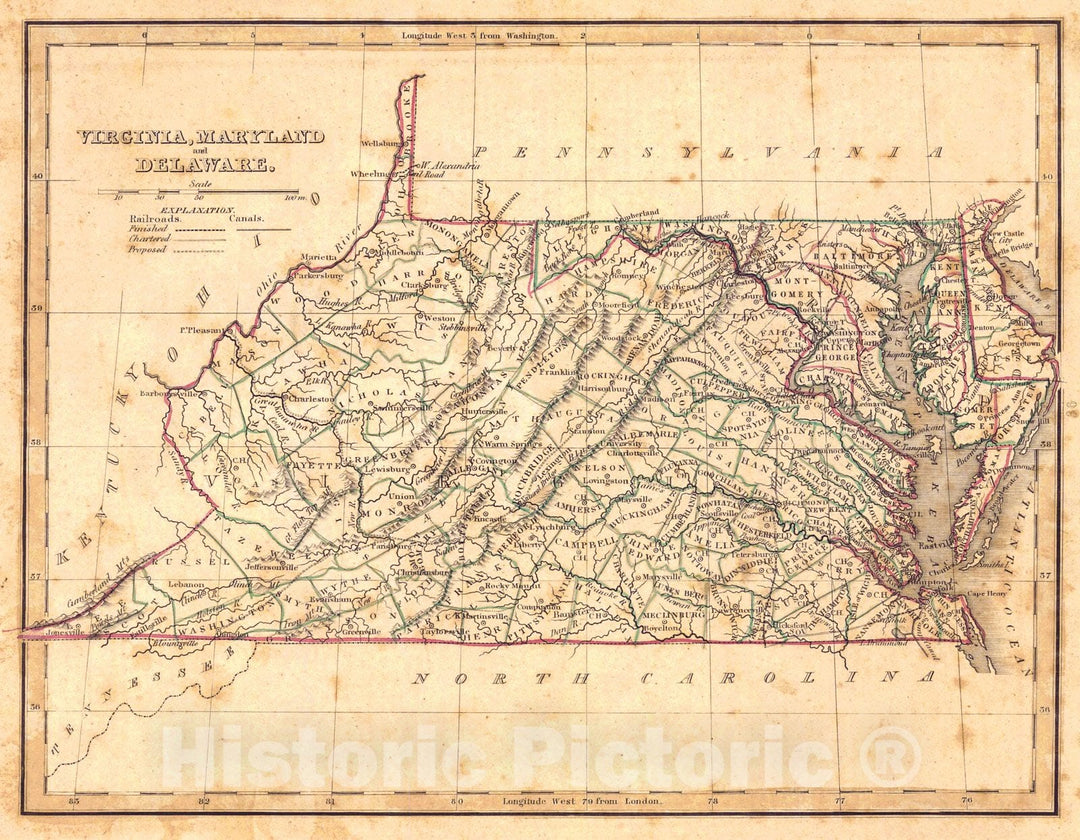 Historic Map : c. 1835 Virginia, Maryland, and Delaware : Vintage Wall Art