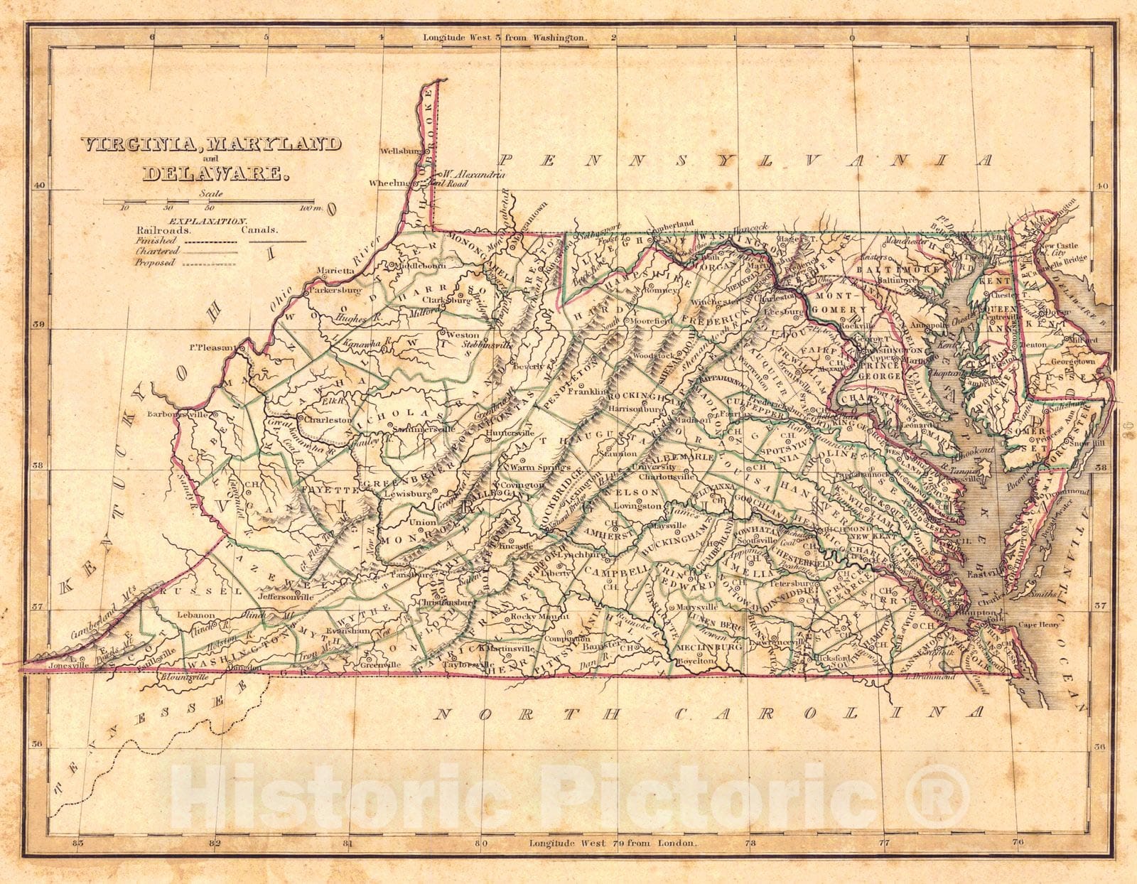 Historic Map : c. 1835 Virginia, Maryland, and Delaware : Vintage Wall Art