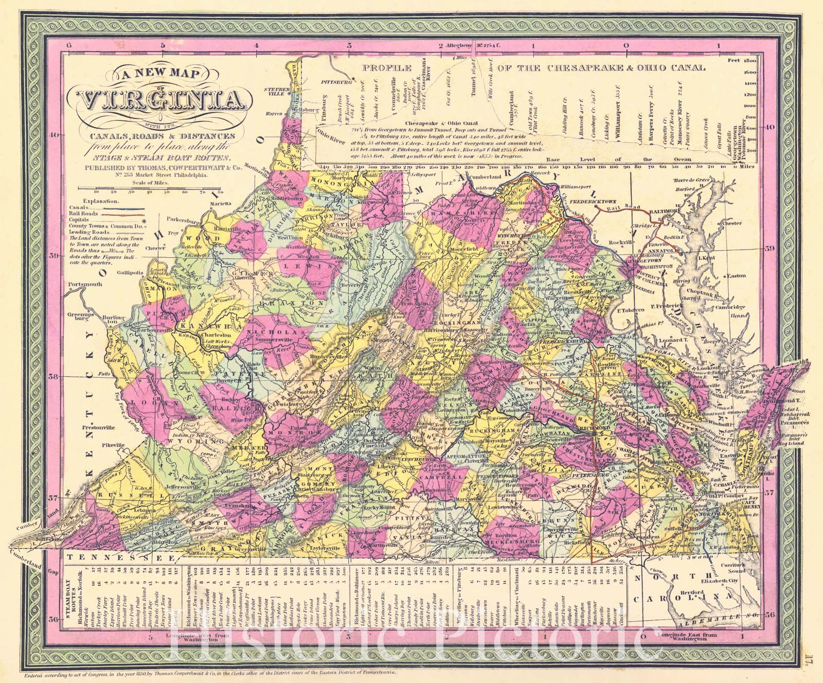 Historic Map : 1850 A New Map of Virginia with its Canals, Roads, and Distances : Vintage Wall Art