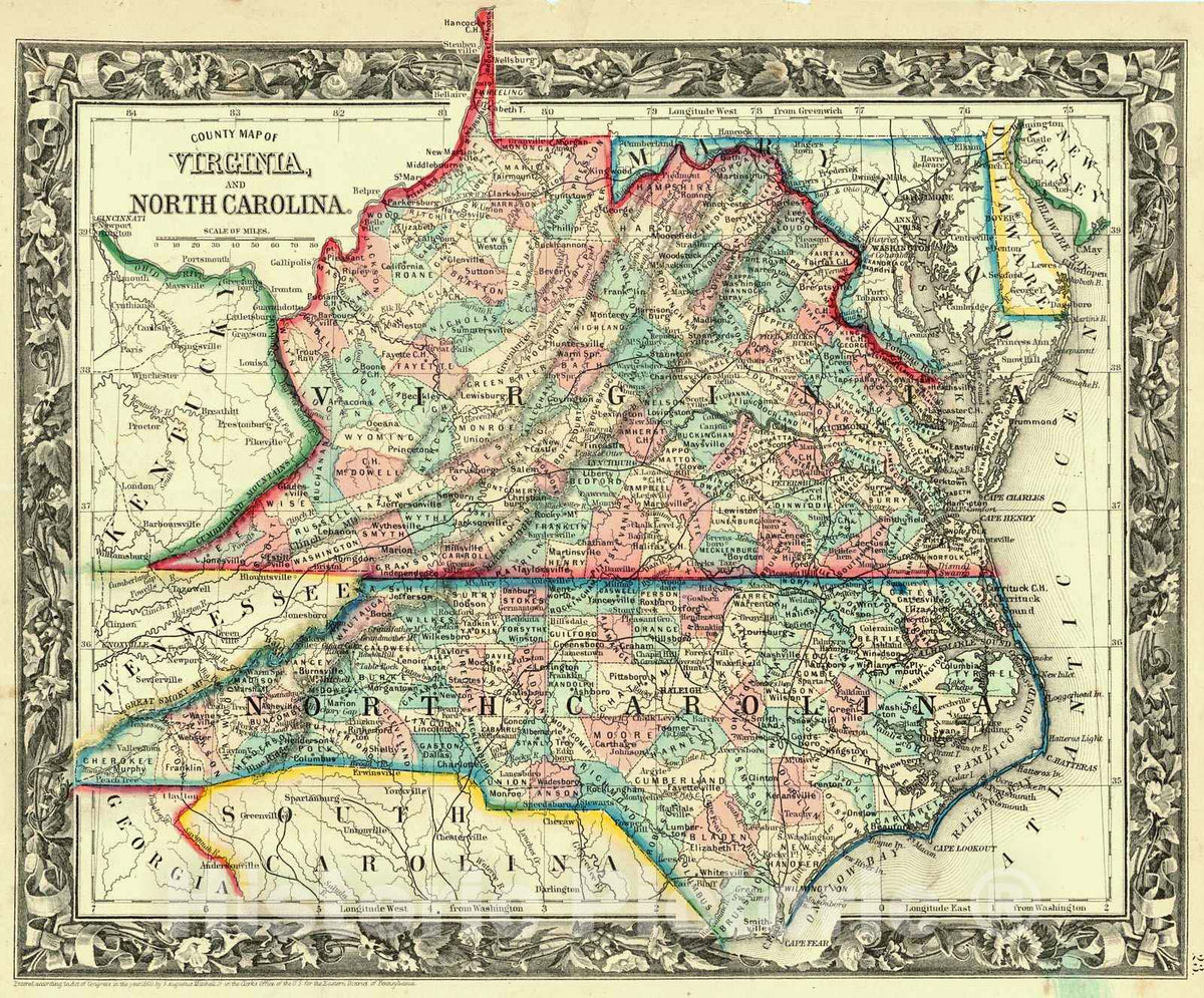 Historic Map : 1861 County Map of Virginia and North Carolina  : Vintage Wall Art
