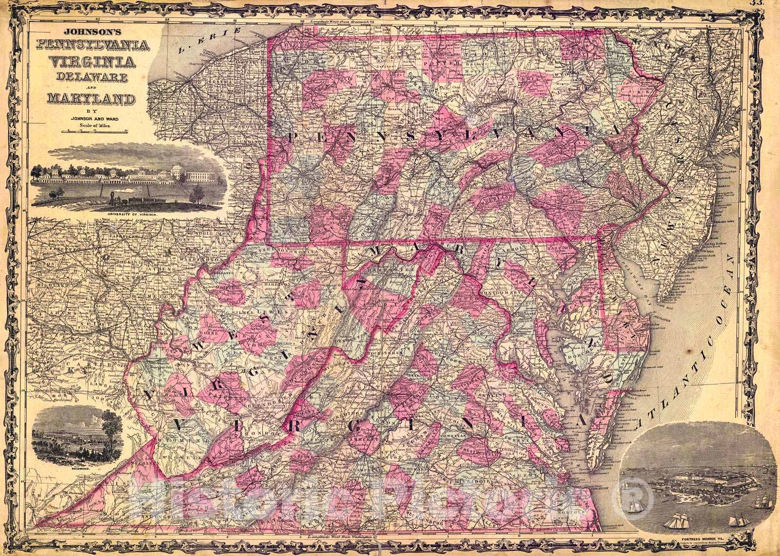 Historic Map : 1870 Johnson's Pennsylvania, Virginia, Delaware, and Maryland : Vintage Wall Art