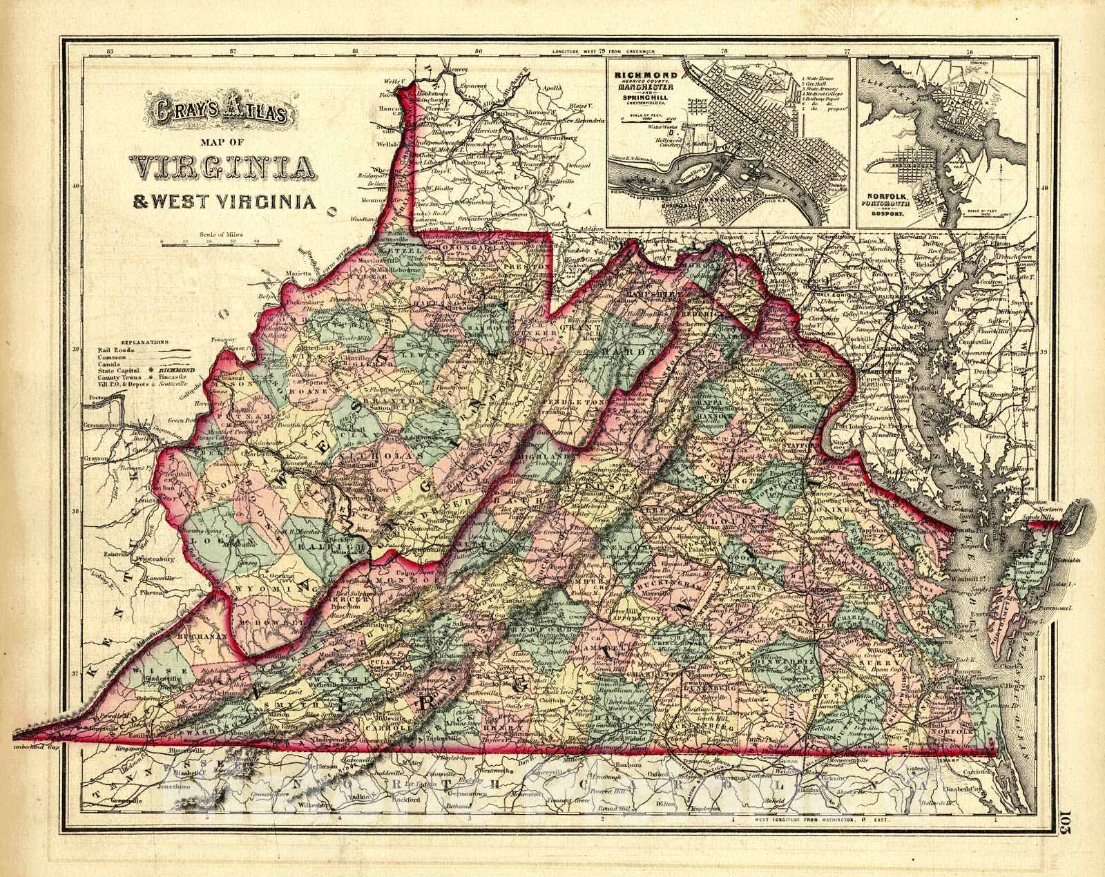 Historic Map : 1873 Virginia and West Virginia : Vintage Wall Art