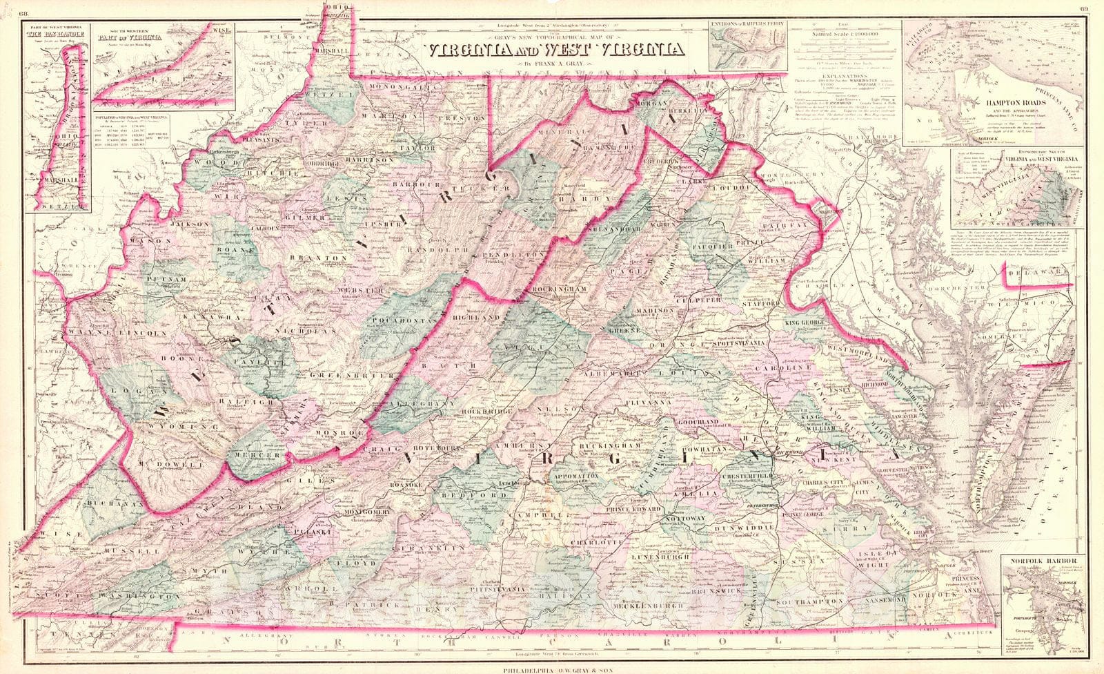 Historic Map : 1877 Gray's New Topographical Map of Virginia and West Virginia : Vintage Wall Art
