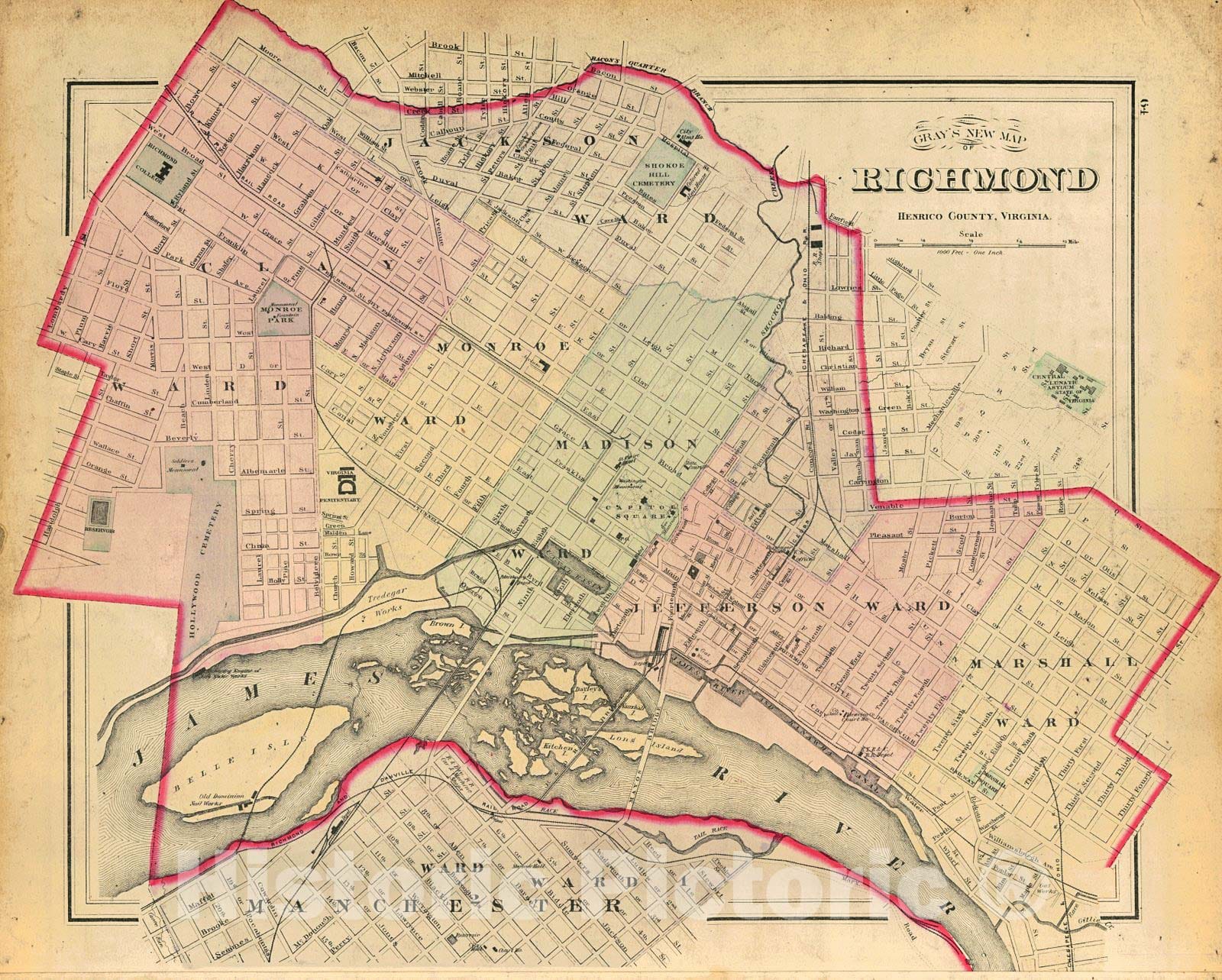 Historic Map : 1883 Richmond, Henrico County, Virginia : Vintage Wall Art