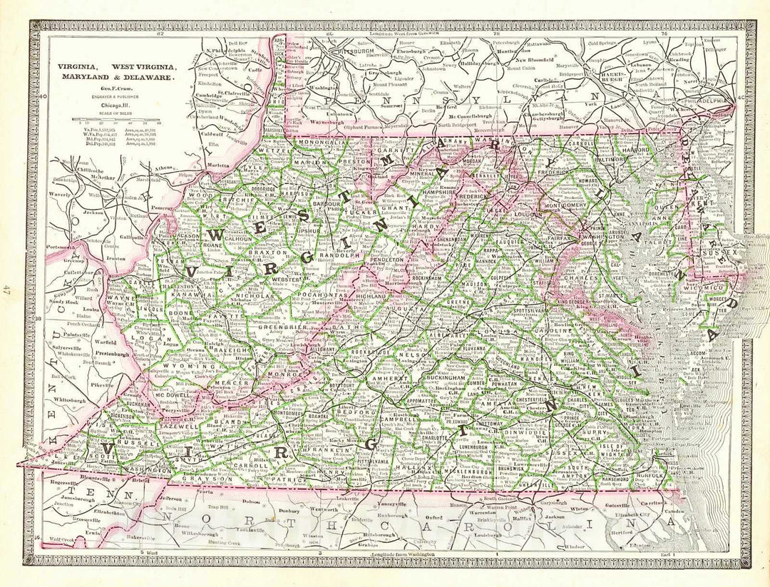Historic Map : 1885 Virginia, West Virginia, Maryland, and Delaware : Vintage Wall Art