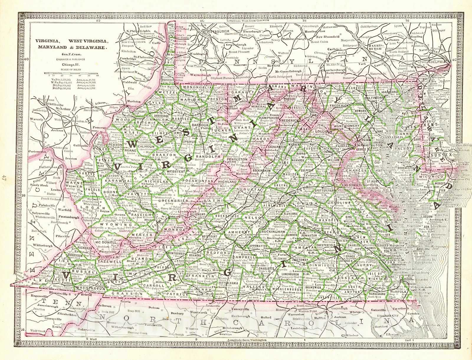 Historic Map : 1885 Virginia, West Virginia, Maryland, and Delaware : Vintage Wall Art
