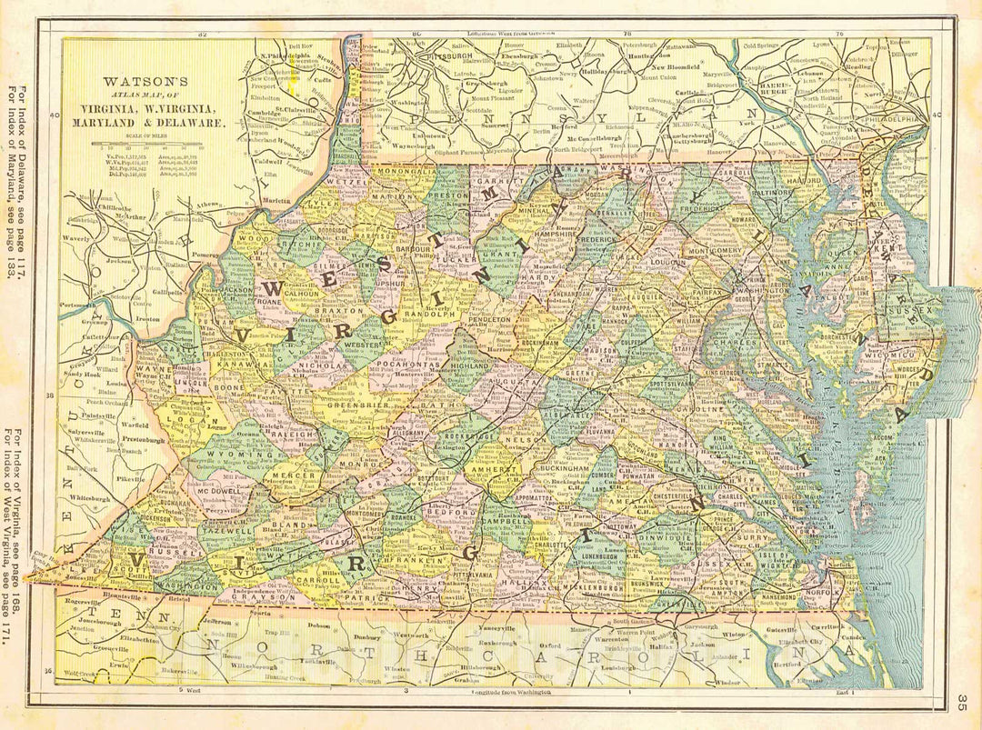 Historic Map : 1885 Watson's Atlas Map of Virginia, W. Virginia, Maryland, and Delaware : Vintage Wall Art