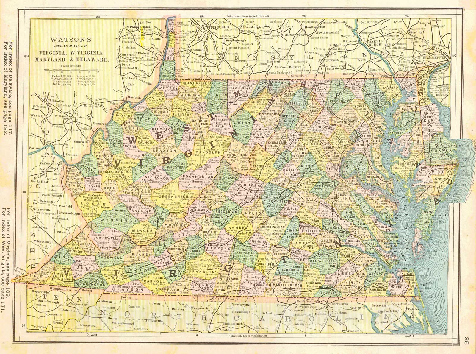 Historic Map : 1885 Watson's Atlas Map of Virginia, W. Virginia, Maryland, and Delaware : Vintage Wall Art
