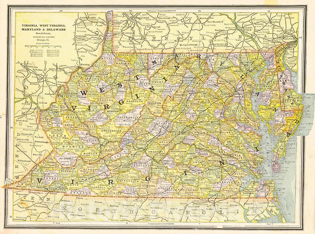 Historic Map : 1887 Virginia, West Virginia, Maryland, and Delaware : Vintage Wall Art